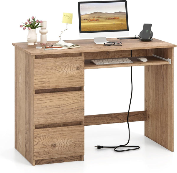 Computer Desk with Power Outlet Keyboard Tray and 3 Large Drawers