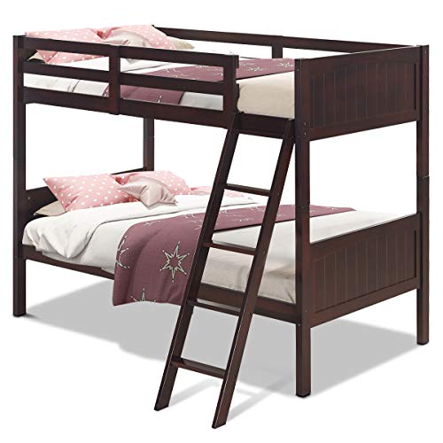 Wooden Twin Over Twin Bunk Beds with Ladder and Safety Rail