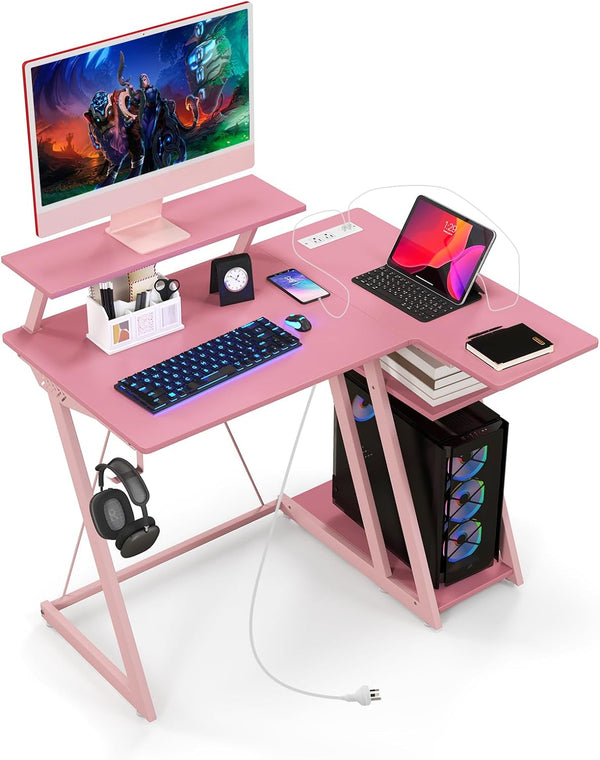 L Shaped Gaming Desk with Outlets and USB Ports