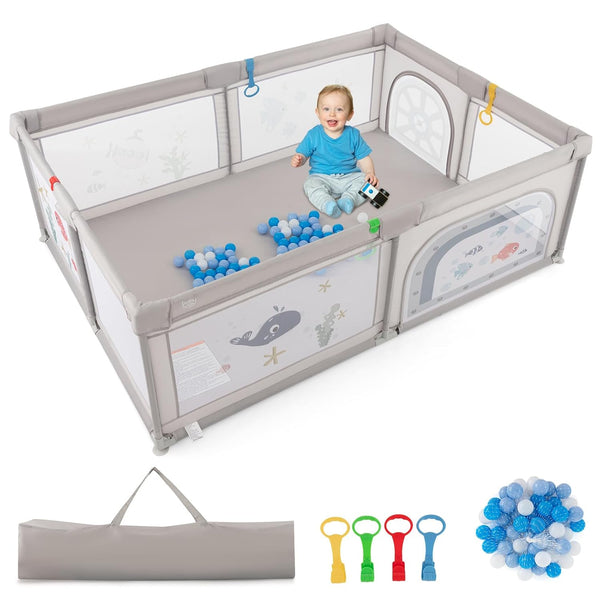 Large Baby Playpen with Pull Rings Ocean Balls and Cute Pattern