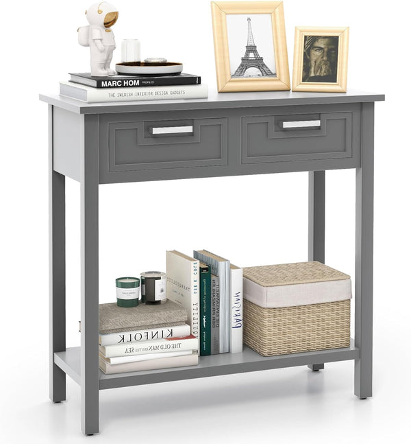 Narrow Console Table with Drawers and Open Storage Shelf