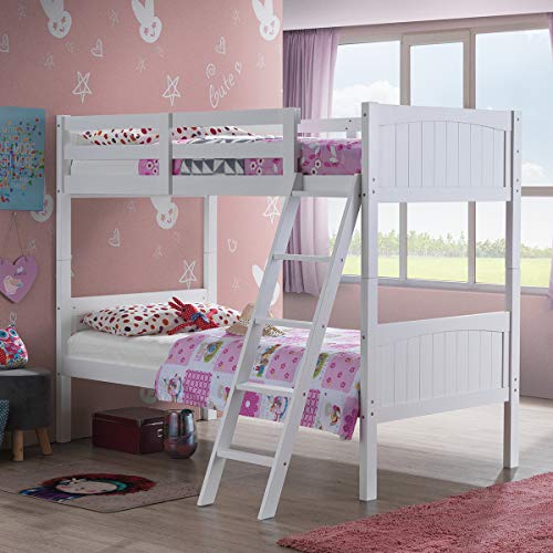 Wooden Twin Over Twin Bunk Beds with Ladder and Safety Rail