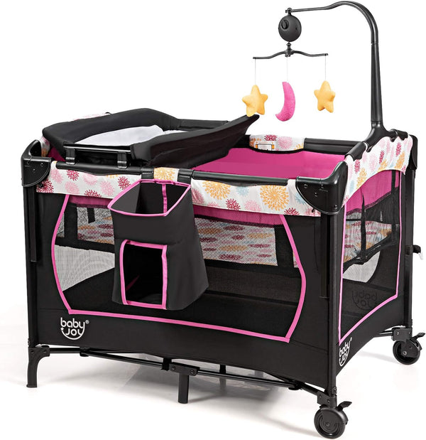 3-in-1 Convertible Portable Baby Playard with Music Box and Wheel and Brakes
