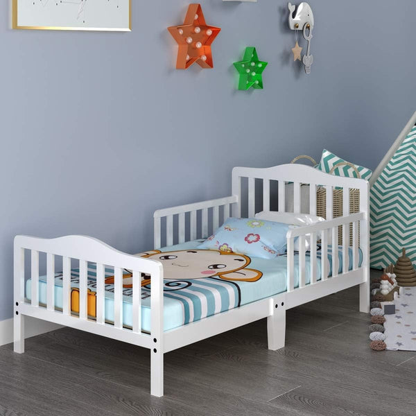 Classic Design Kids Wood Toddler Bed Frame with Two Side Safety Guardrails