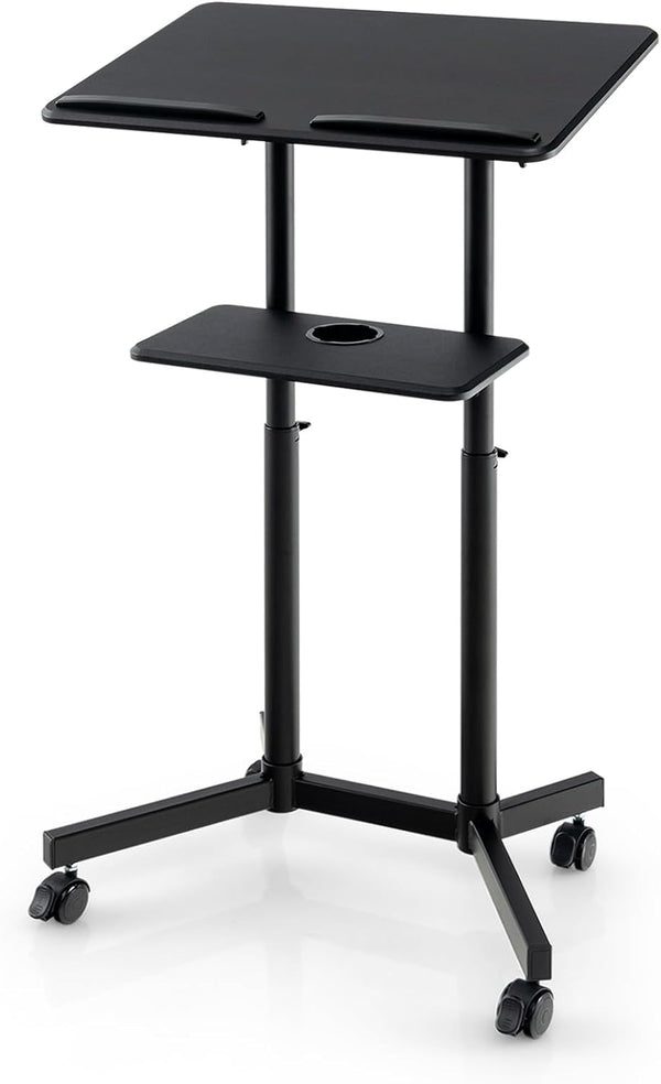 Mobile Lectern Podium Height-adjustable Rolling Laptop Cart with Tilting Top Storage Tray